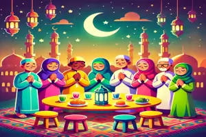 Ramadan 2025: Sehri & Iftar Timings with Prayer Schedule 5 Eine Gruppe von Muslimen betet gemeinsam während des Ramadan 2025 unter einem beleuchteten Himmel, umgeben von Laternen und Moscheen.