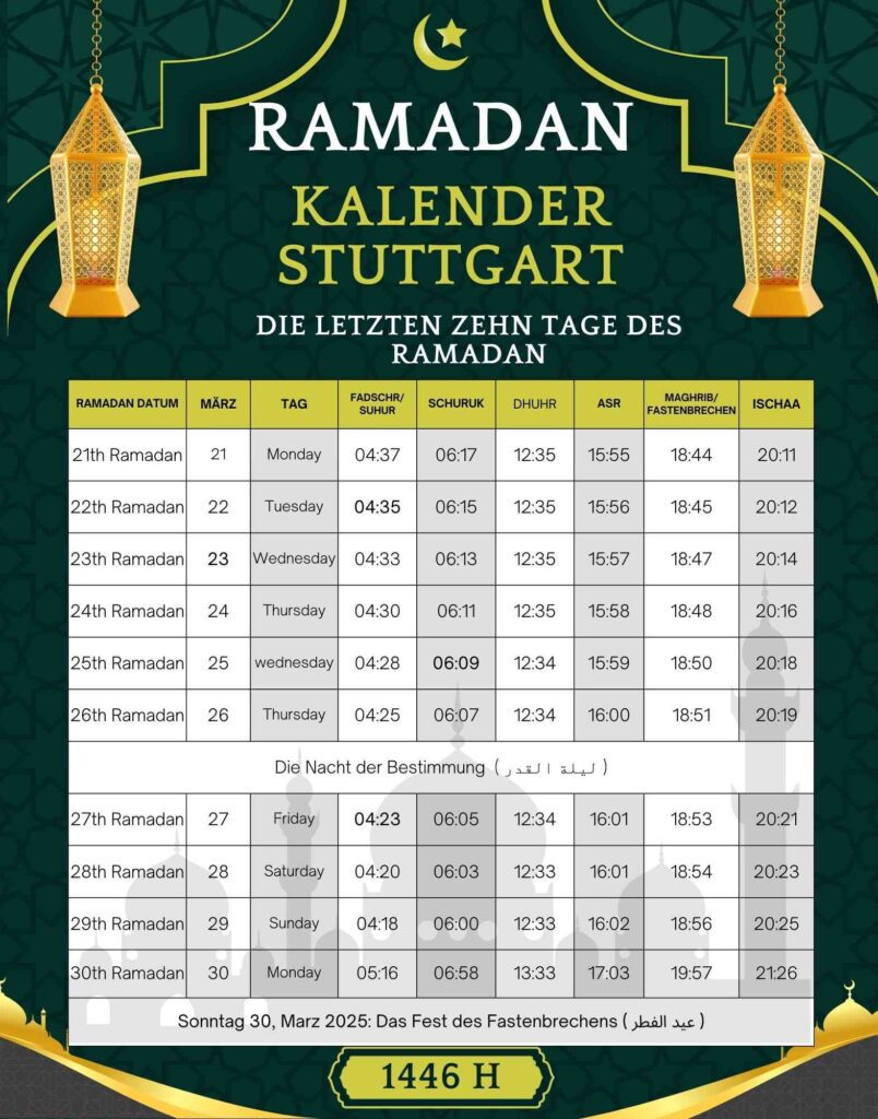 Ramazan Imsakiyesi Stuttgart 2025- Iftar Sahur Namaz Vakti 3 Ramadan 2025 Gebetszeitenkalender für Stuttgart mit Sehri- und Iftar-Zeiten.