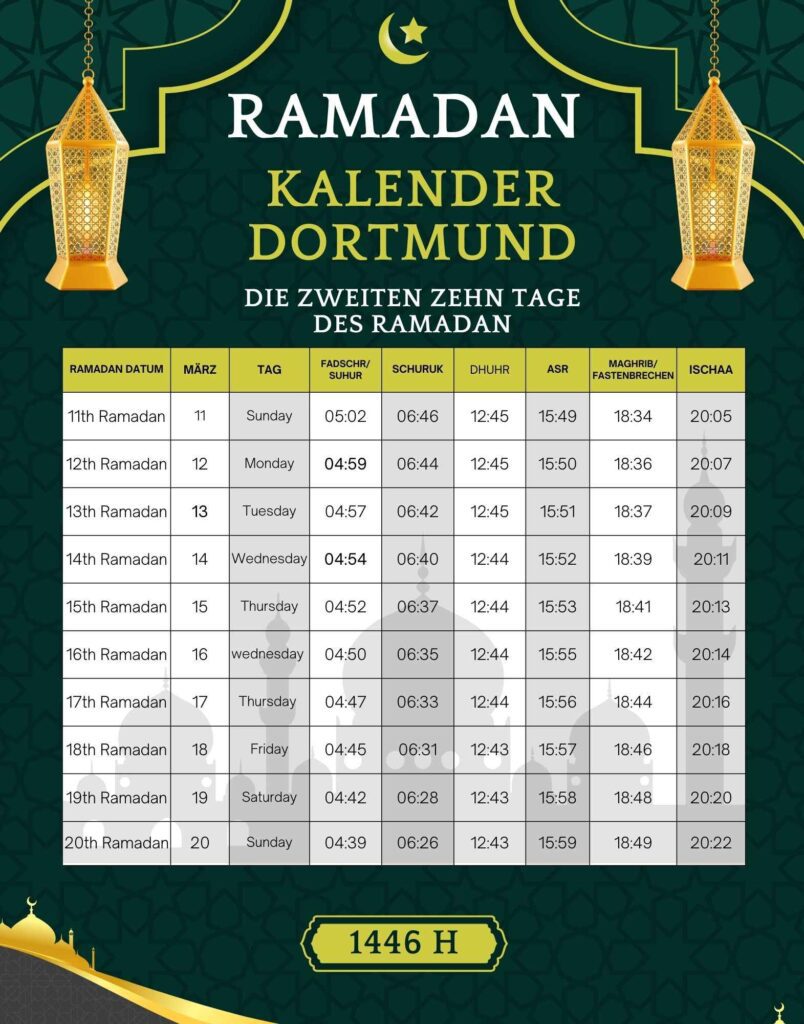 Dortmund Namaz Vakitleri imsakiyesi - Iftar Sahur Zeit Diyanet 2 Ramadan2025 Gebetszeiten Dortmund – Erste Ashra (1.-10. Ramadan) mit Sehri- und Iftar-Zeiten.