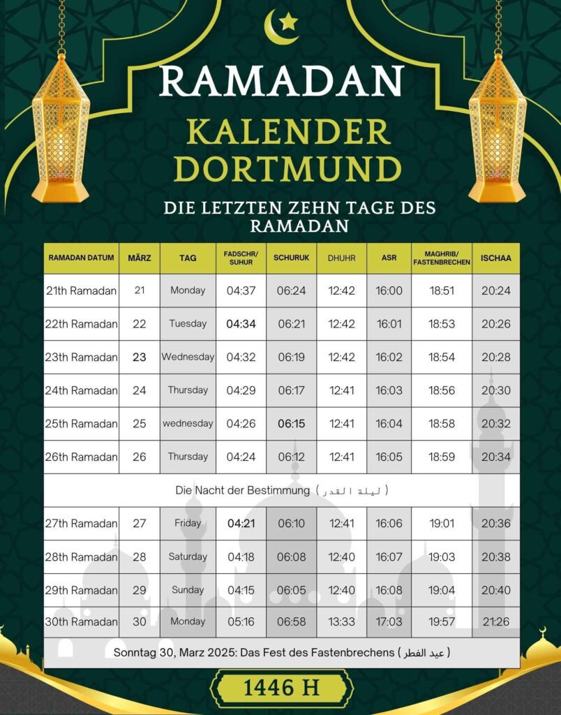 Dortmund Namaz Vakitleri imsakiyesi - Iftar Sahur Zeit Diyanet 3 Ramadan2025 Gebetszeiten Dortmund – Erste Ashra (1.-10. Ramadan) mit Sehri- und Iftar-Zeiten.